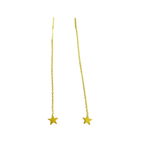 Taşsız Uzun Zincirli Yıldız Gümüş Küpe - Gold Renk